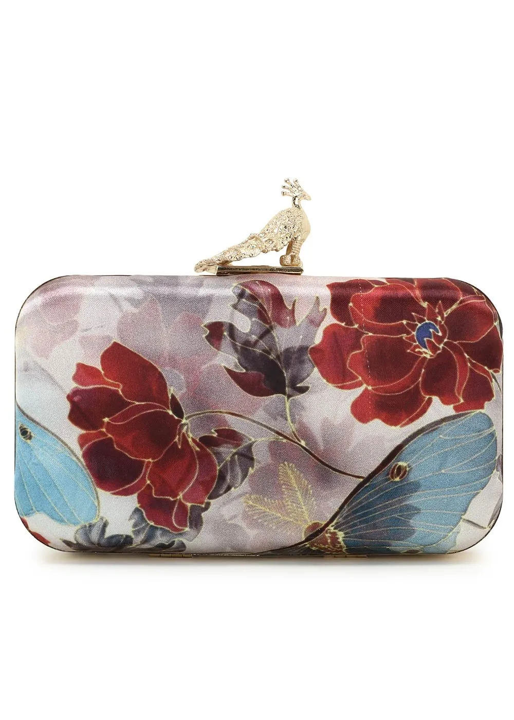 Adorn Muave & Multi Printed & Embellished Satin Clutch