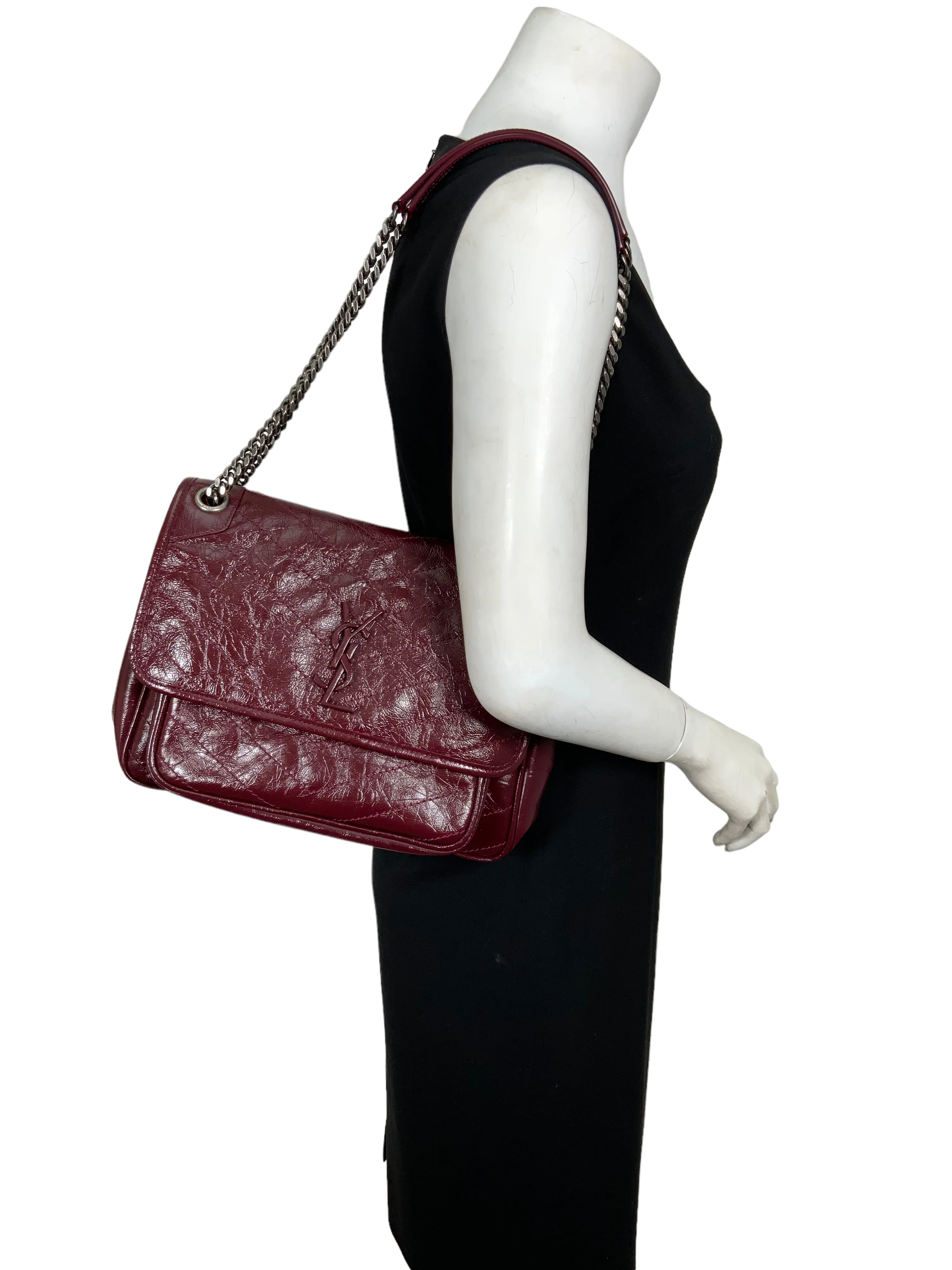 SAINT LAURENT Crinkled Calfskin Monogram Niki Medium Chain Bag NEW